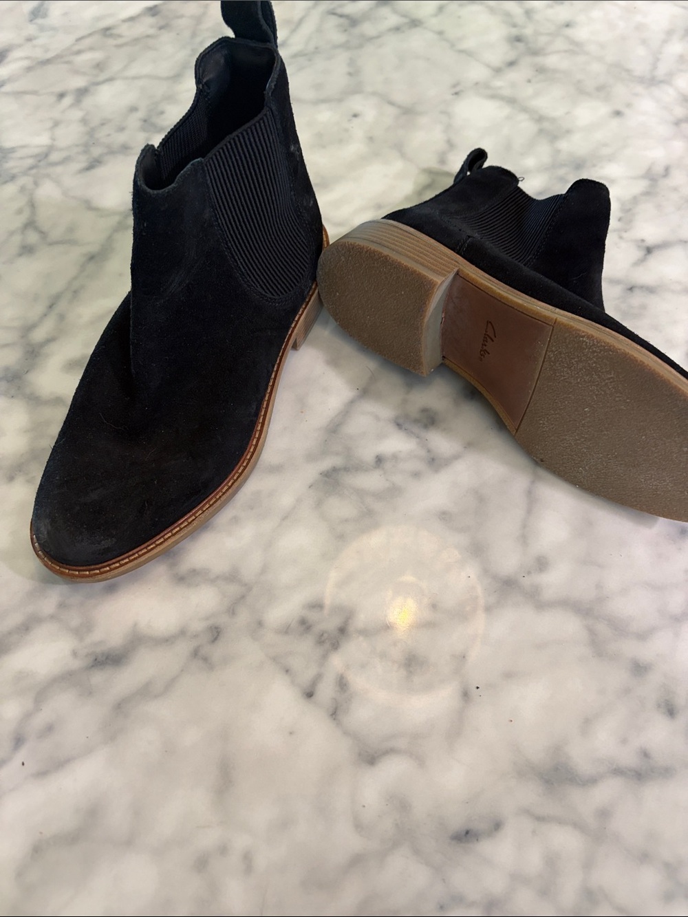 Clarks women’s Black Suede Chukka Boots with Tan Sole Edge